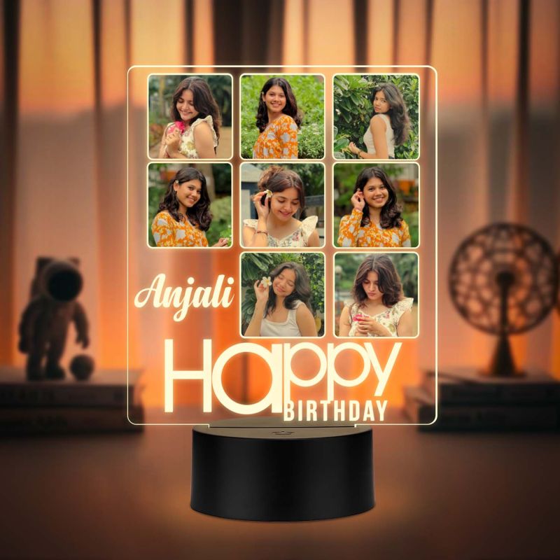 Personalized 3D Acrylic Photo Lamp with LED Base Customized Birthday Gift for Girls & Women, Features 8 Photo Collage with Name, Night Light for Bedroom Decoration Warm White Light